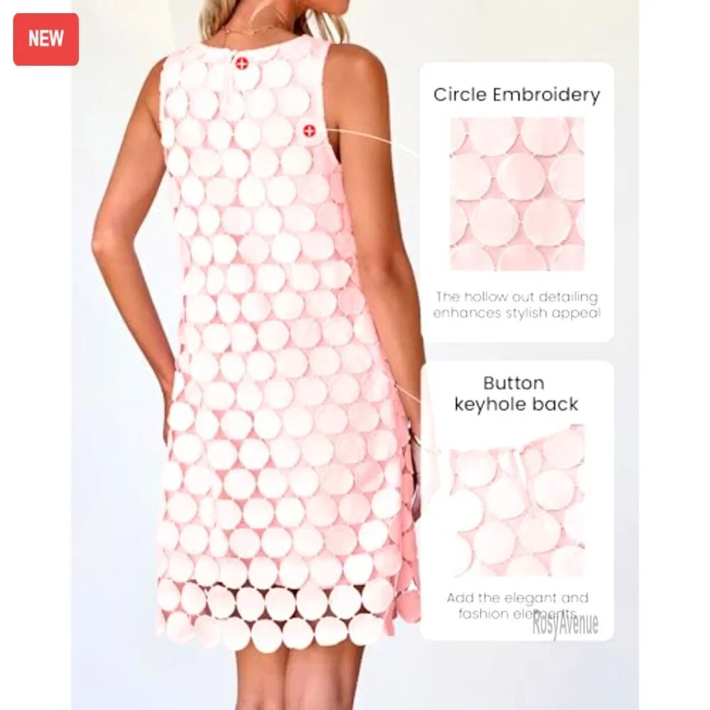 Sleeveless Mini Dress with Circle Embroidery, Hollow Out Back, Lightweight - Picture 4 of 6